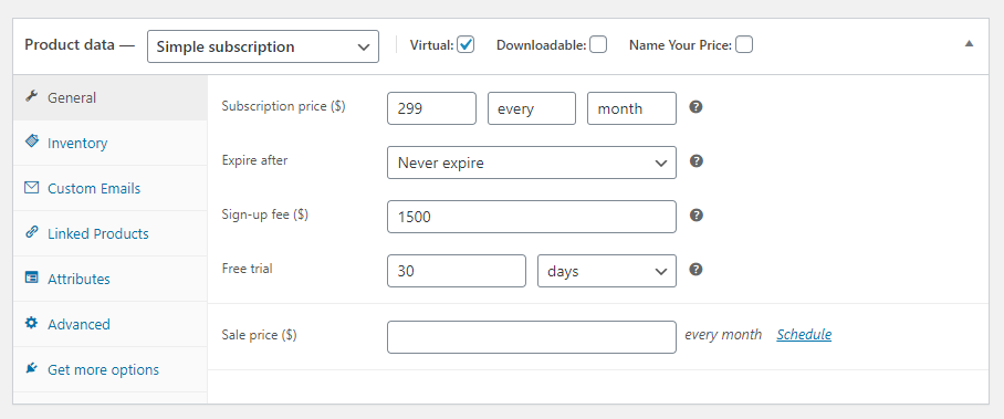 Create and configure a virtual subscription product in WooCommerce using WordPress